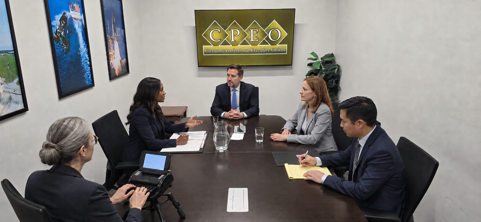 A deposition in progress in a CPEO conference room, with a court reporter, attorneys, and witnesses